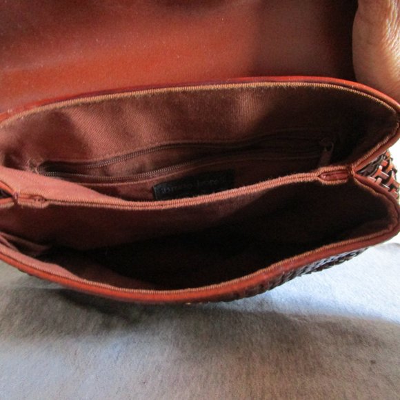 Brown leather wicker style handbag with long strap. Bruno Lorelli. 12x10" Used. - Picture 5 of 12